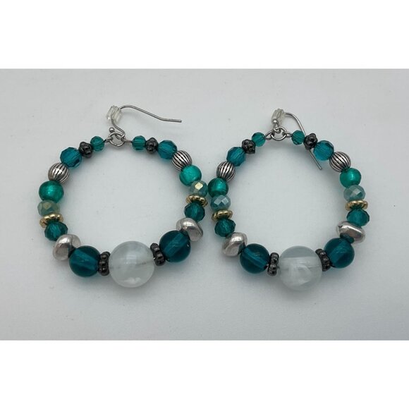Chicos Silvertone Teal and White Marbled Stone Anne Hoop Earrings Hook Backs - Picture 1 of 5